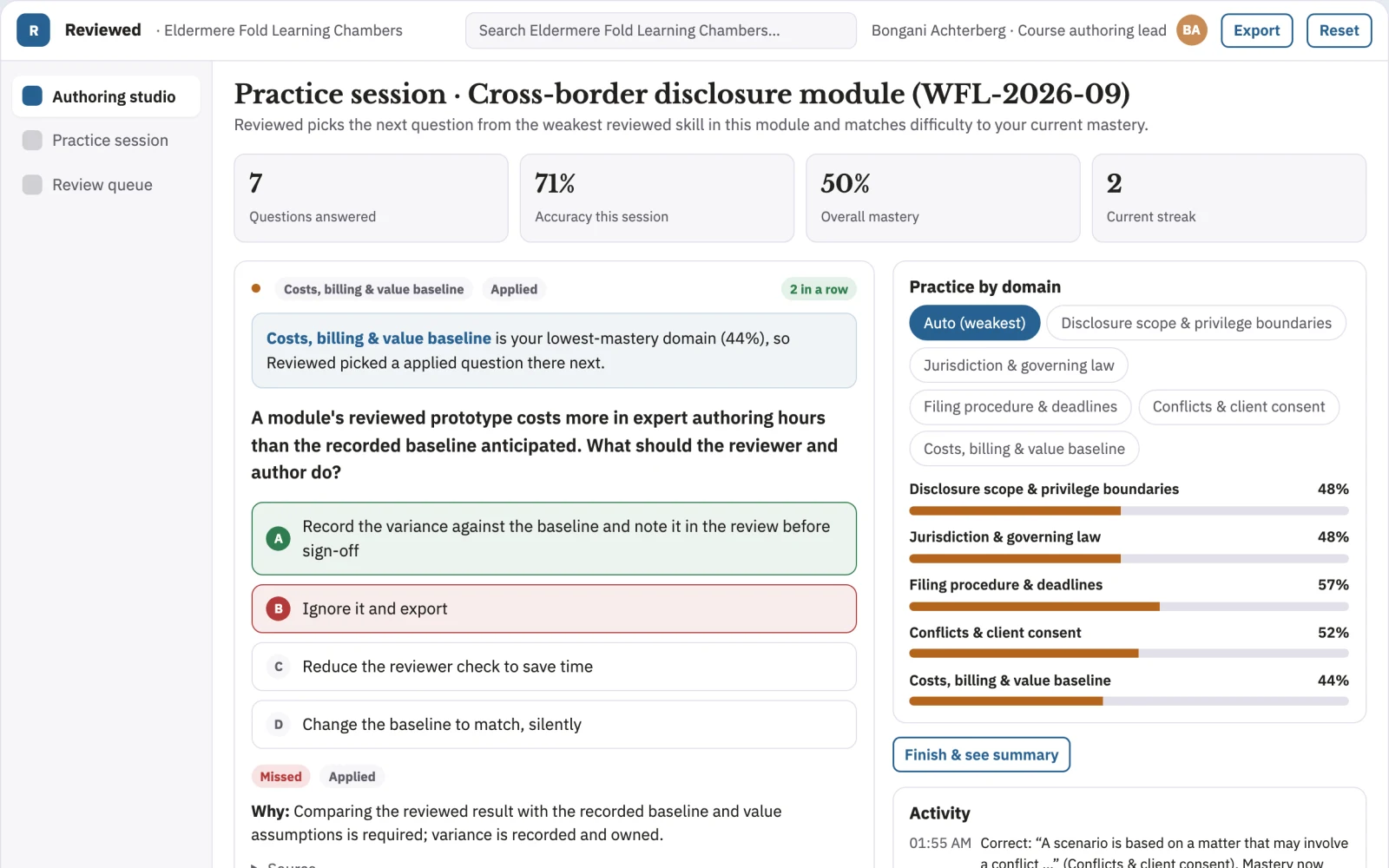 Screenshot of the Legal knowledge monetization course studio interactive demo