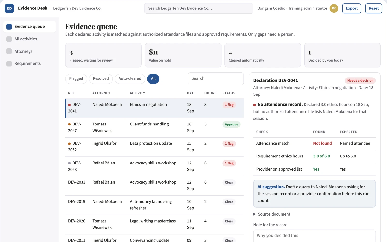 Screenshot of the Legal professional development evidence interactive demo