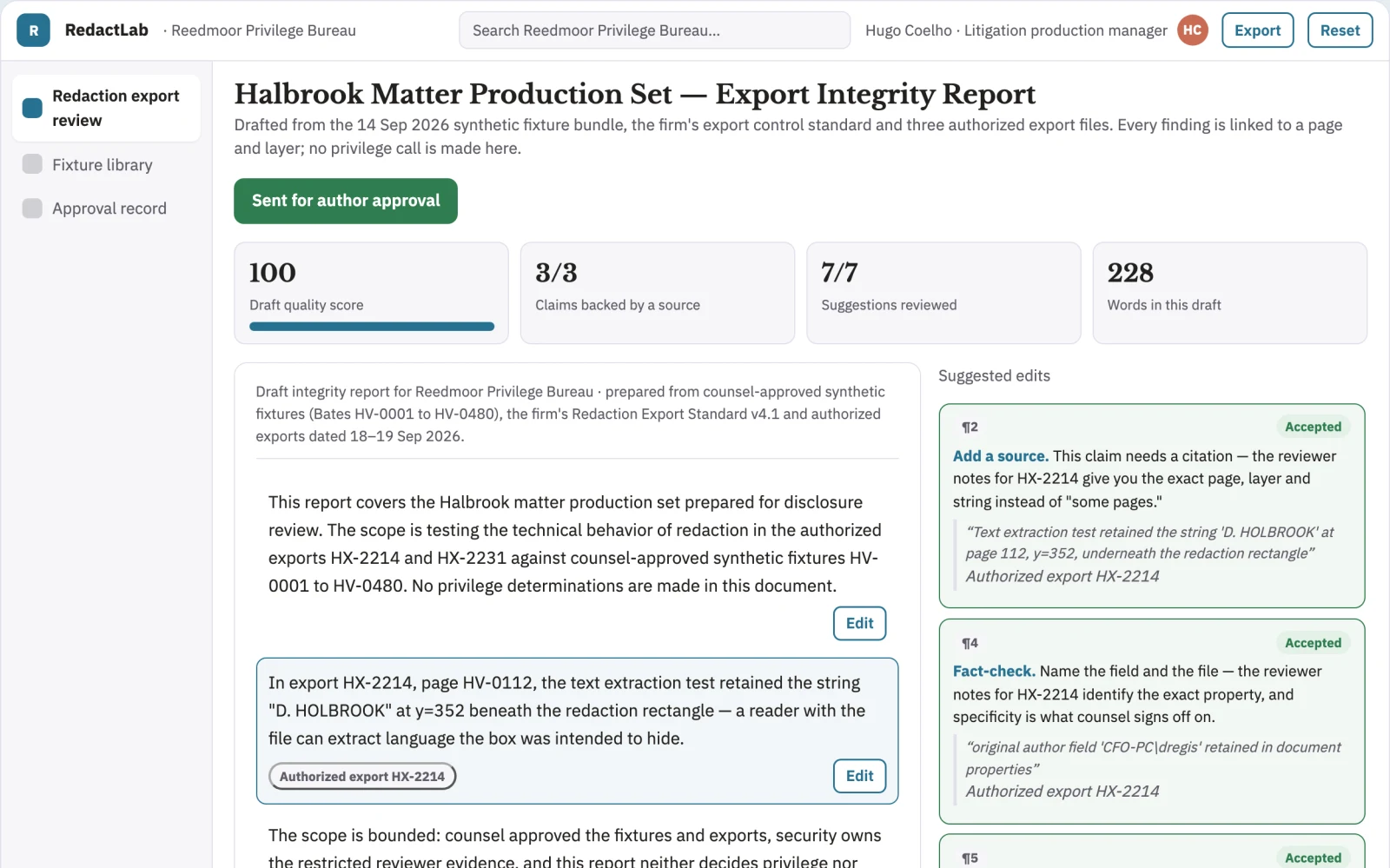 Screenshot of the Legal redaction export integrity lab interactive demo