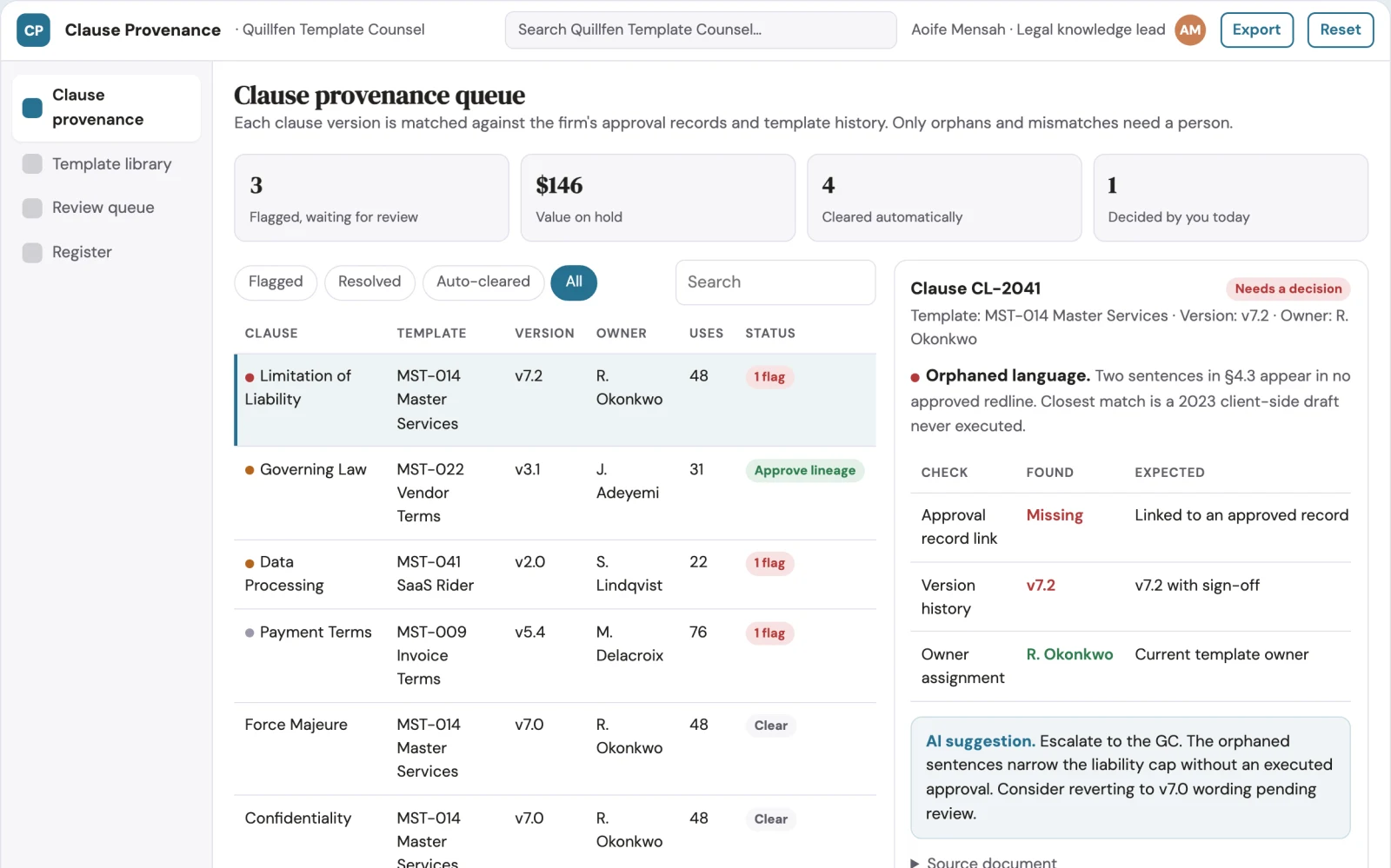 Screenshot of the Legal template clause provenance interactive demo
