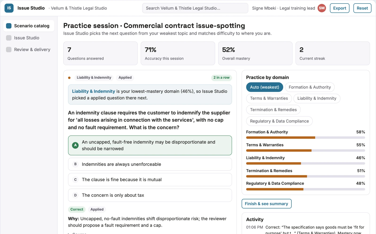 Screenshot of the Legal training issue-spotting studio interactive demo