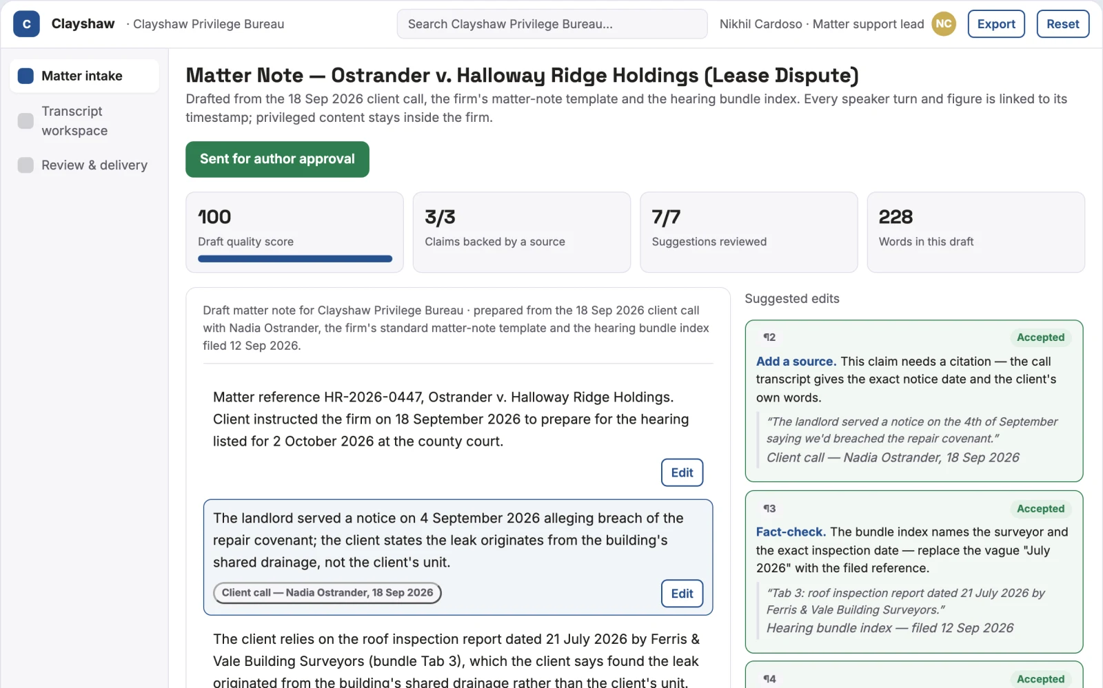 Screenshot of the Legal transcript and matter note workbench interactive demo