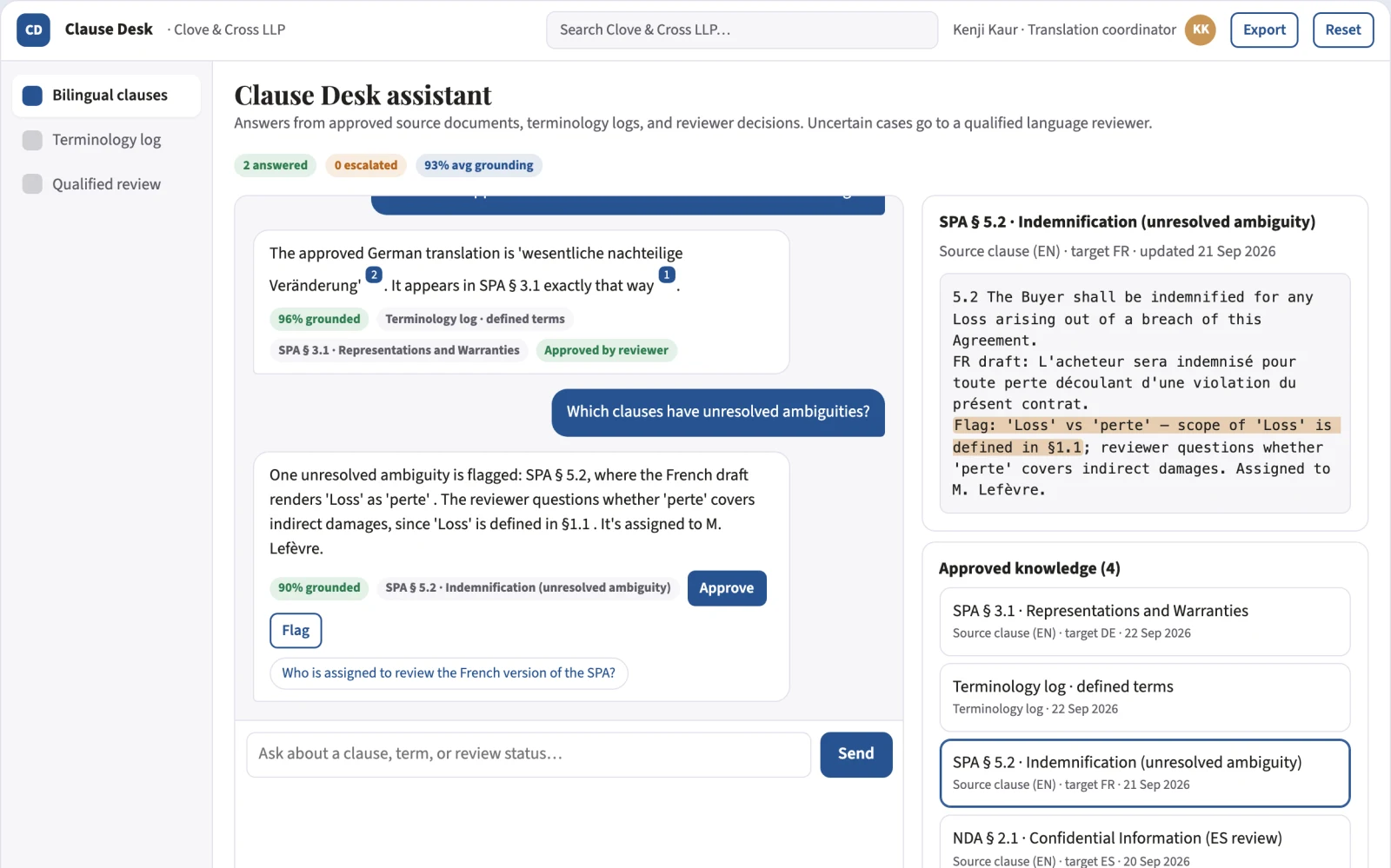 Demo screen of Legal translation coordination