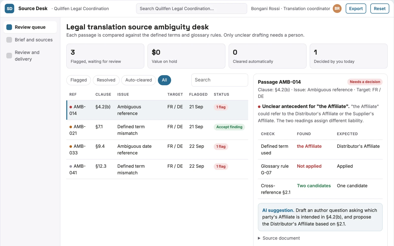 Screenshot of the Legal translation source ambiguity desk interactive demo