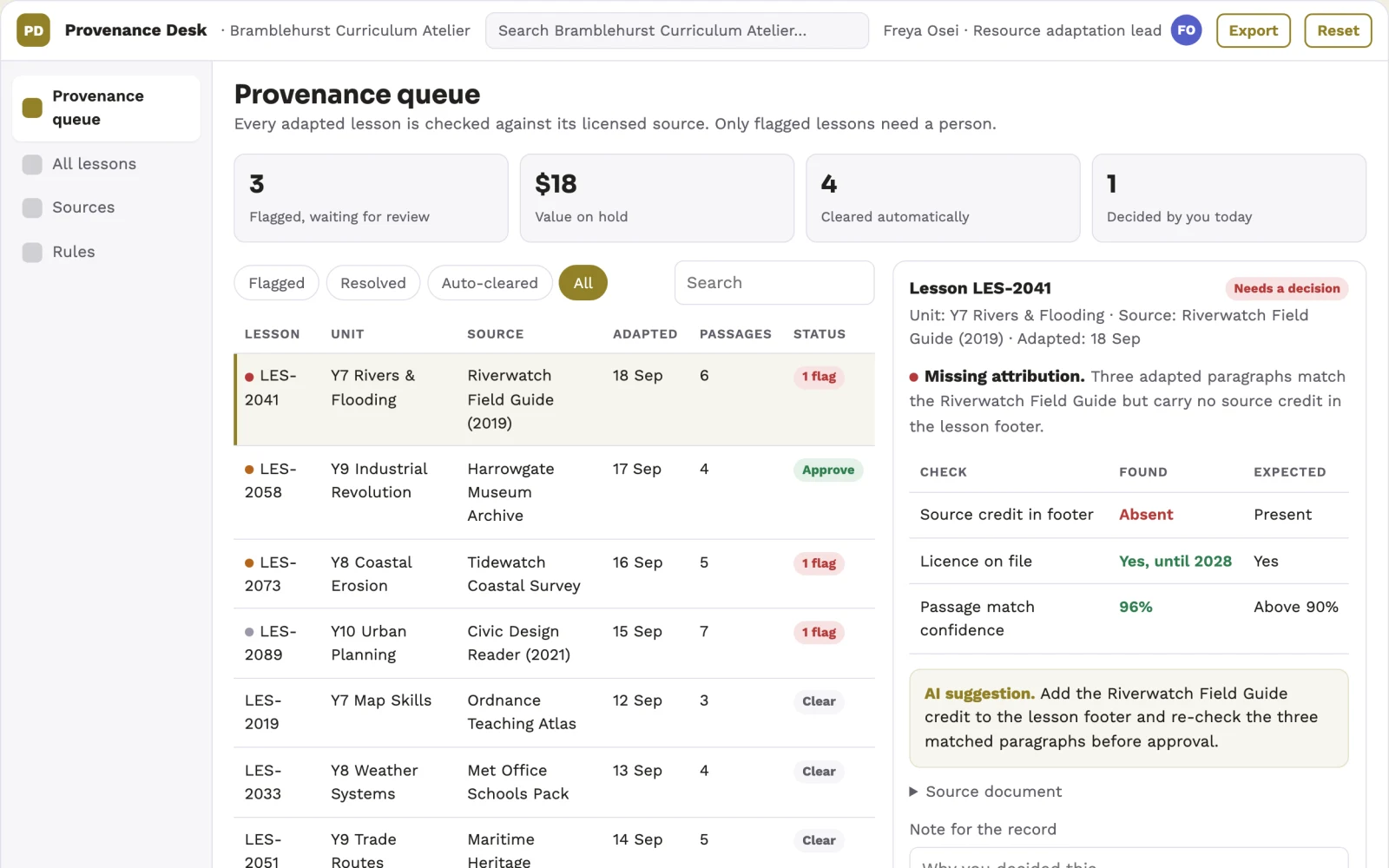 Screenshot of the Lesson material provenance notebook interactive demo
