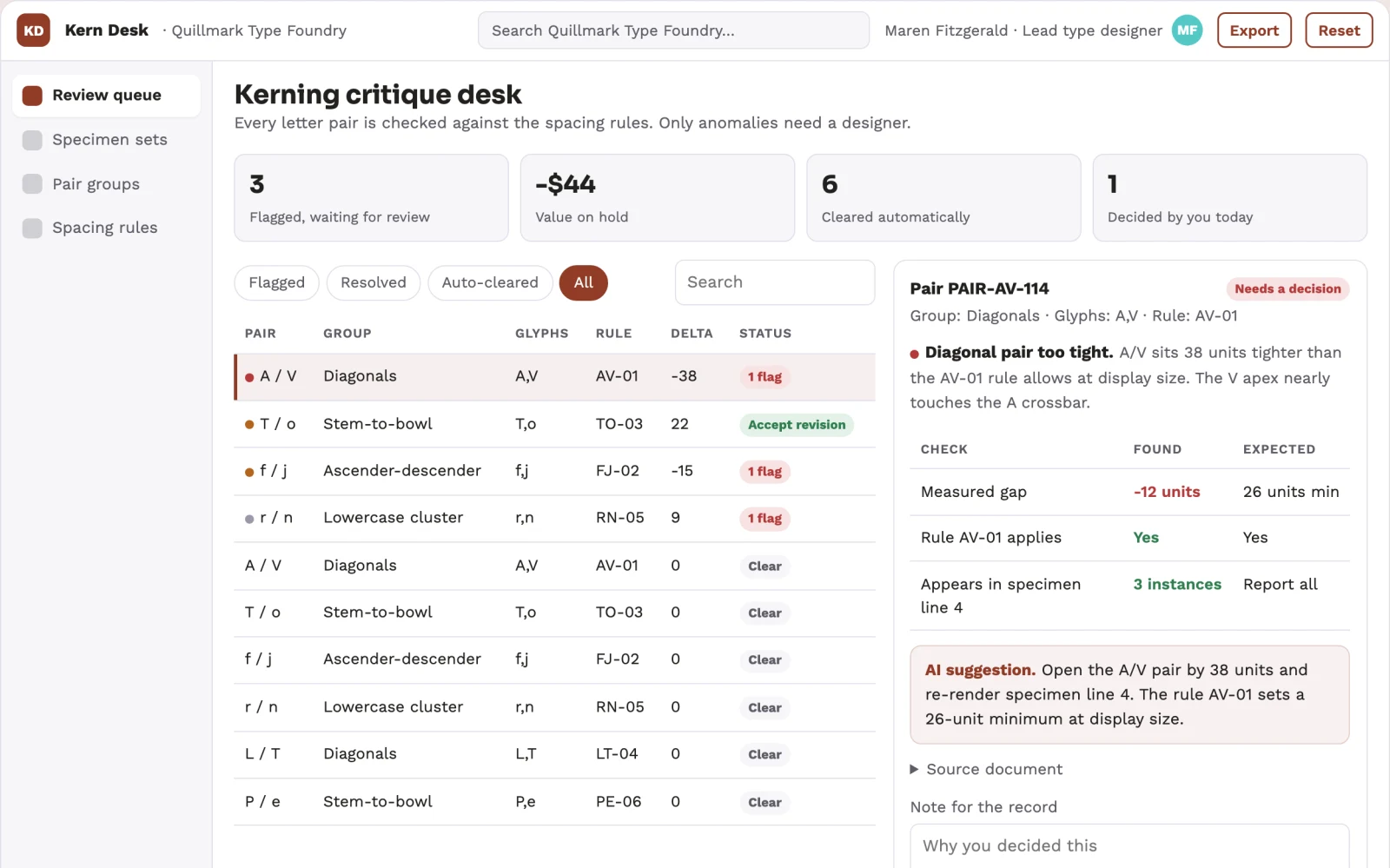 Screenshot of the Lettering kerning critique desk interactive demo