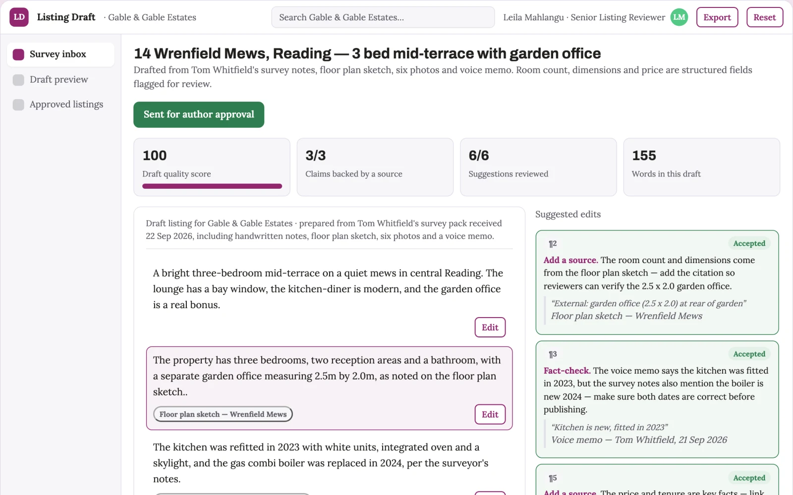 Demo screen of Survey to Listing Draft