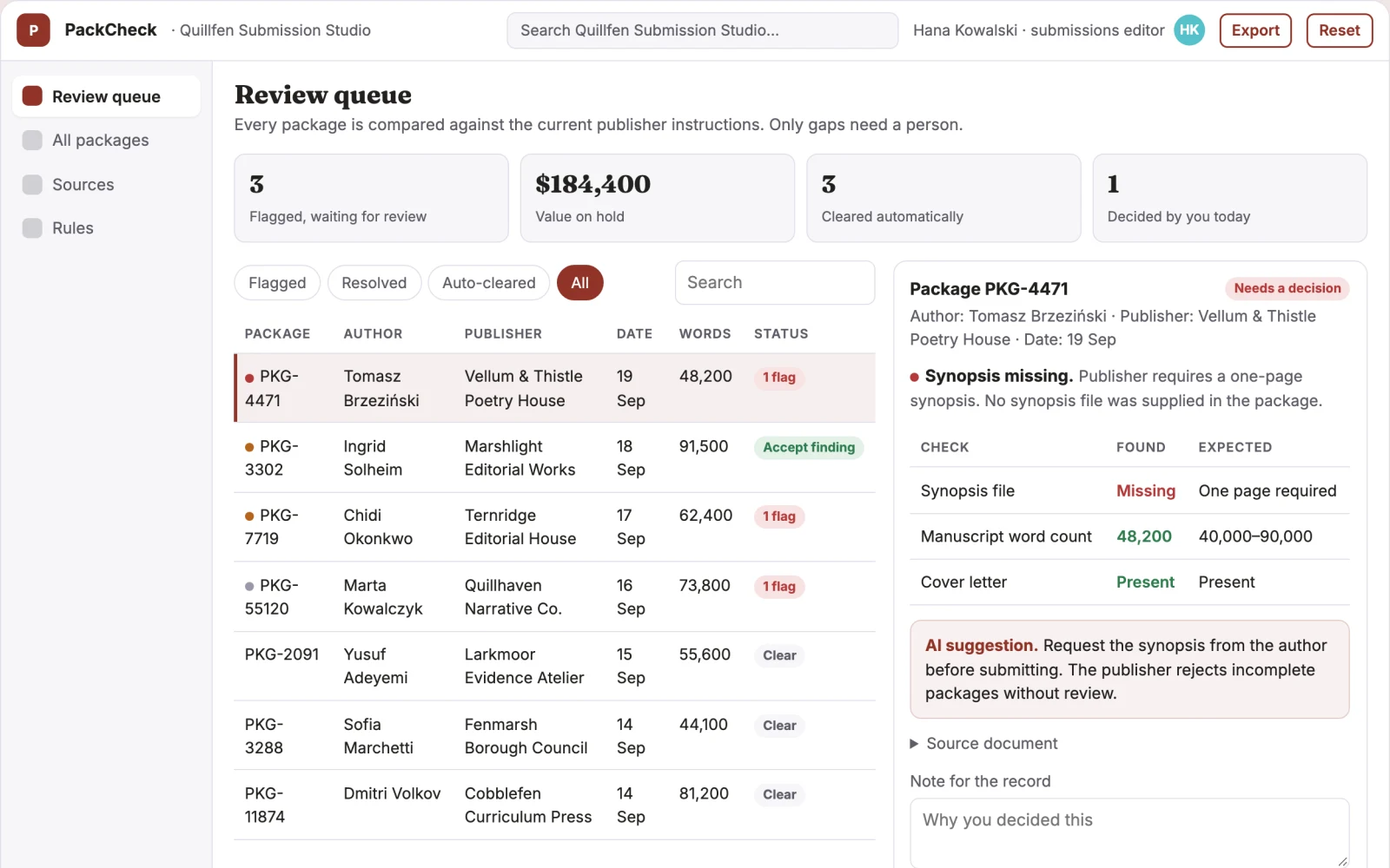 Screenshot of the Literary submission package checker interactive demo