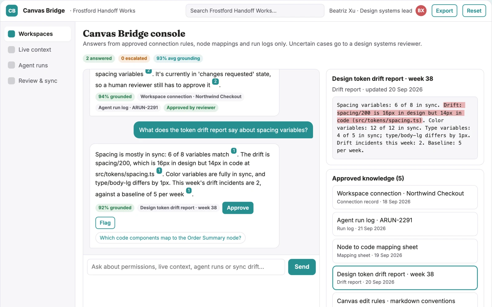 Screenshot of the Live design file agent access console interactive demo
