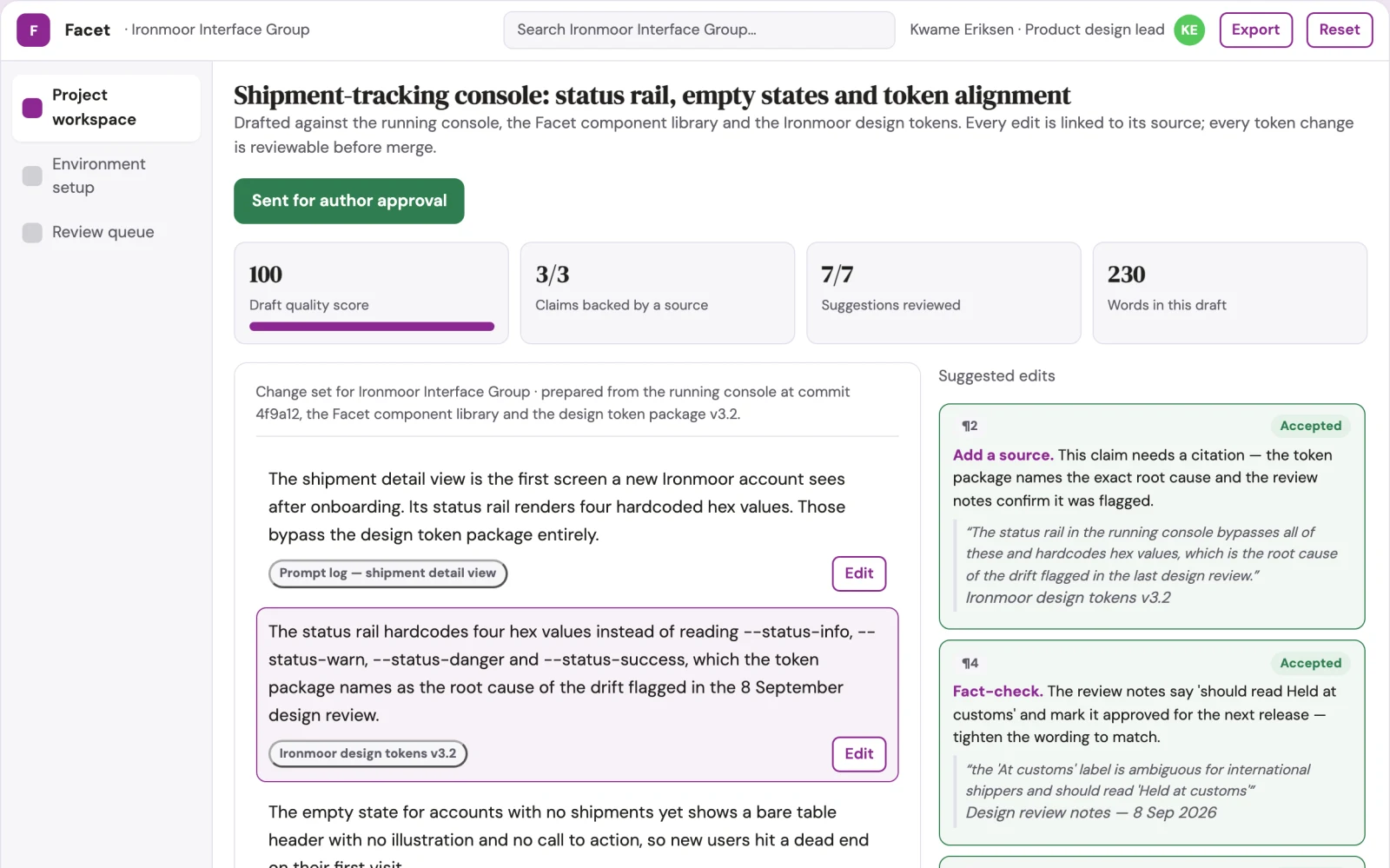 Screenshot of the Live interface change review workbench interactive demo