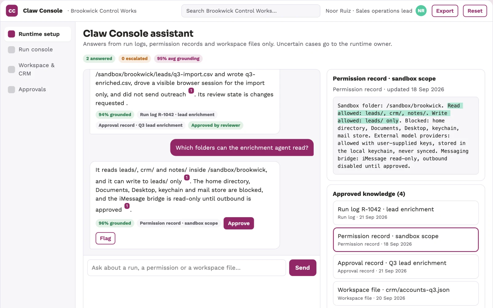 Screenshot of the Local agent runtime control console interactive demo