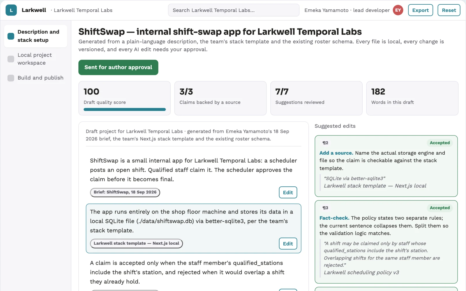 Screenshot of the Local app generation and delivery workspace interactive demo