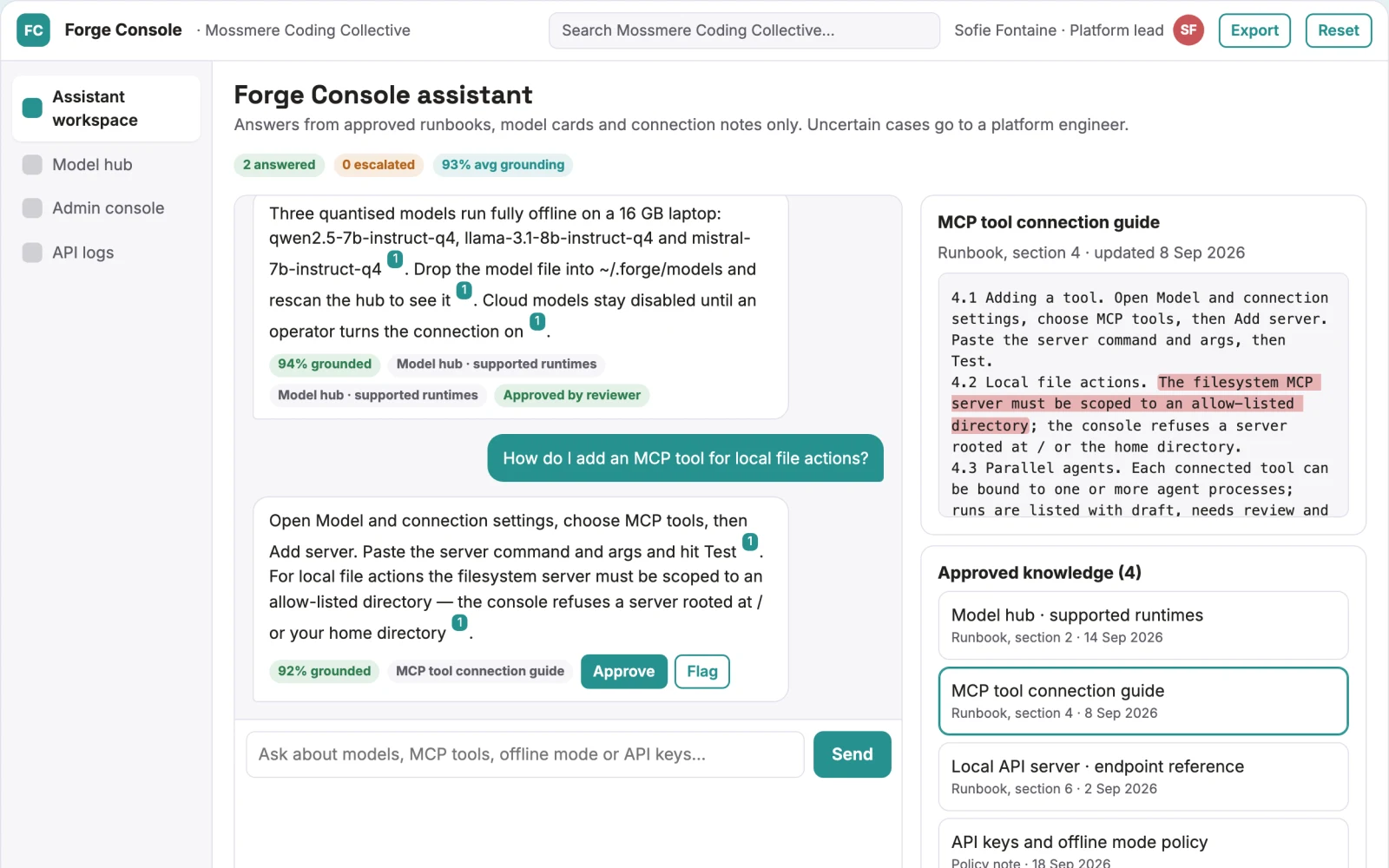 Screenshot of the Local assistant desktop console with model hub interactive demo