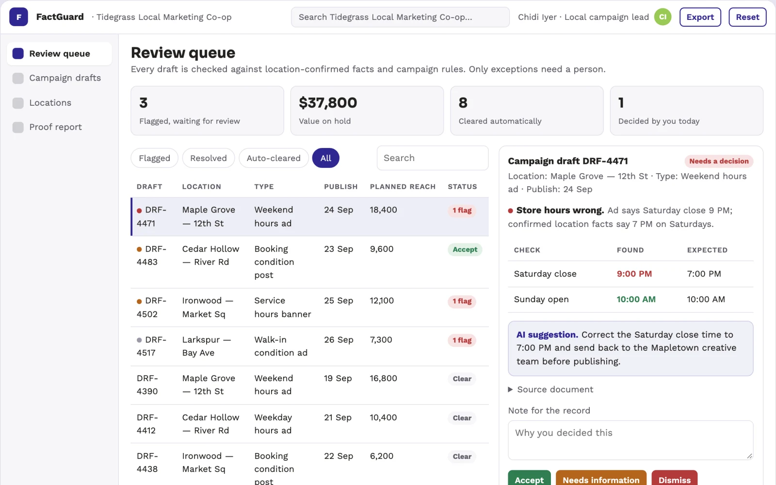 Screenshot of the Local campaign practical fact checker interactive demo