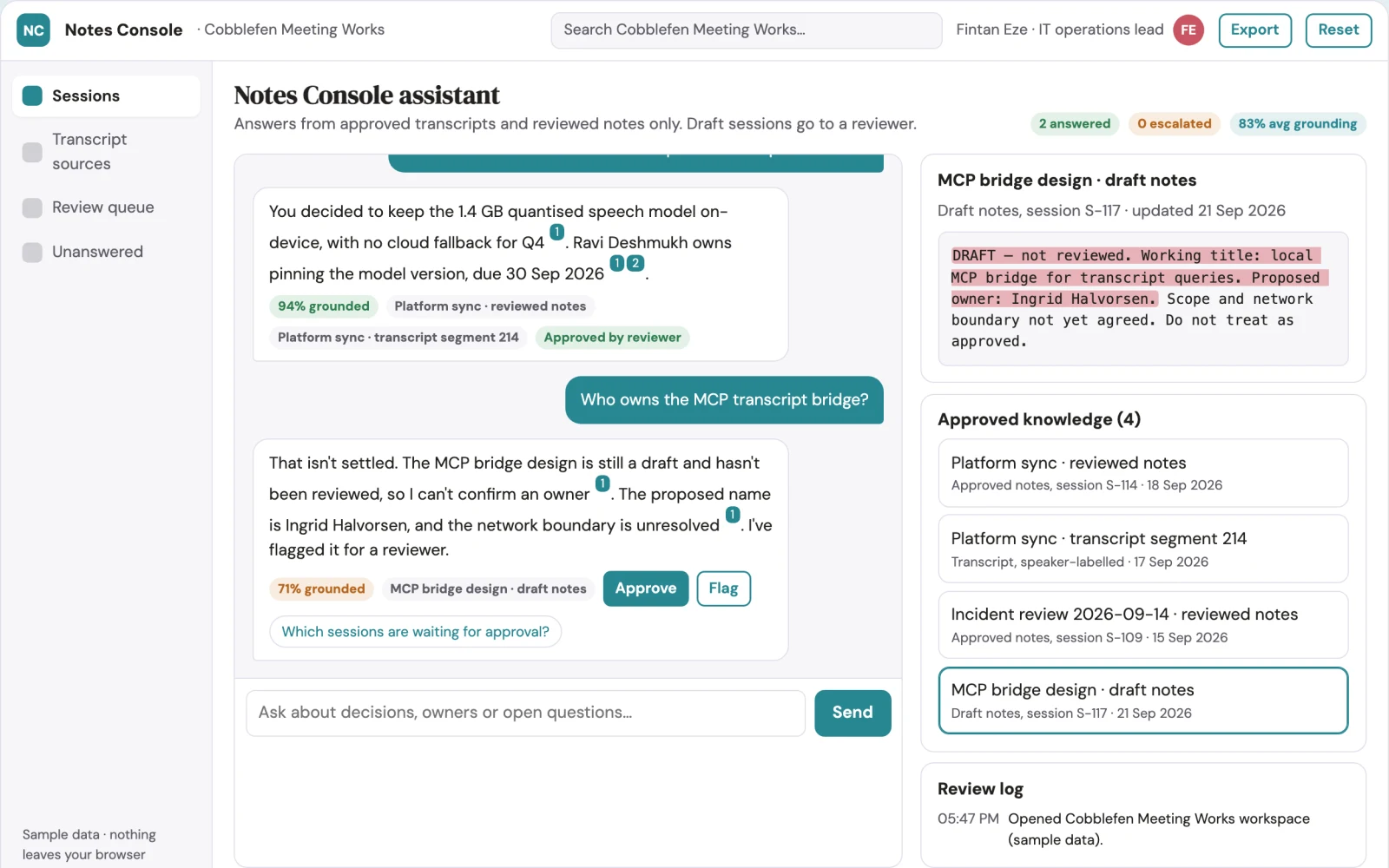 Screenshot of the Local meeting capture and notes console interactive demo