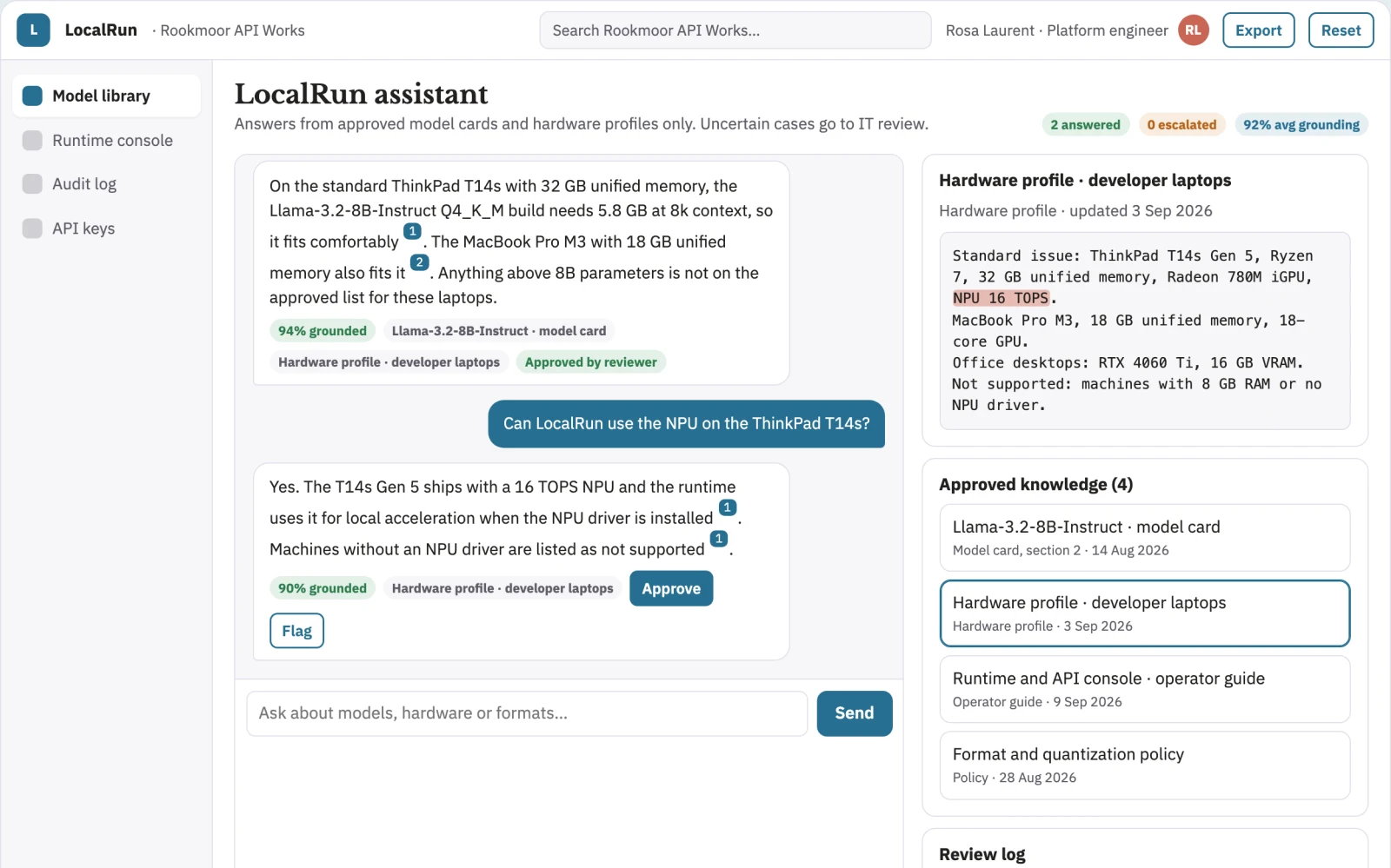 Screenshot of the Local model runtime and admin console interactive demo