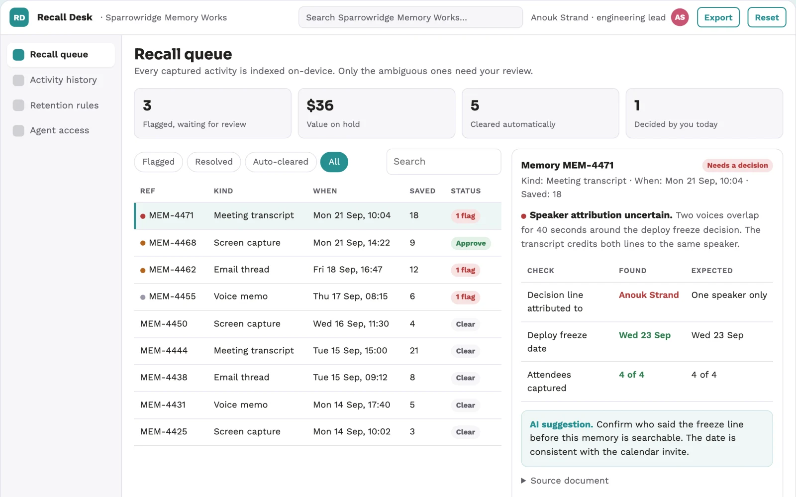 Screenshot of the Local work memory and recall console interactive demo