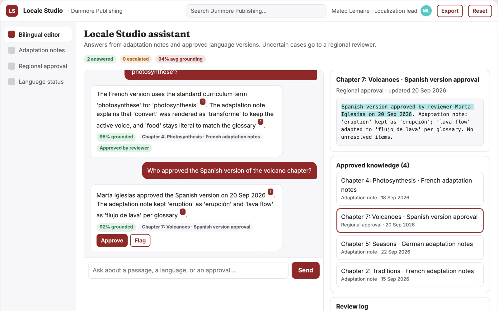 Demo screen of Localization and transcreation studio