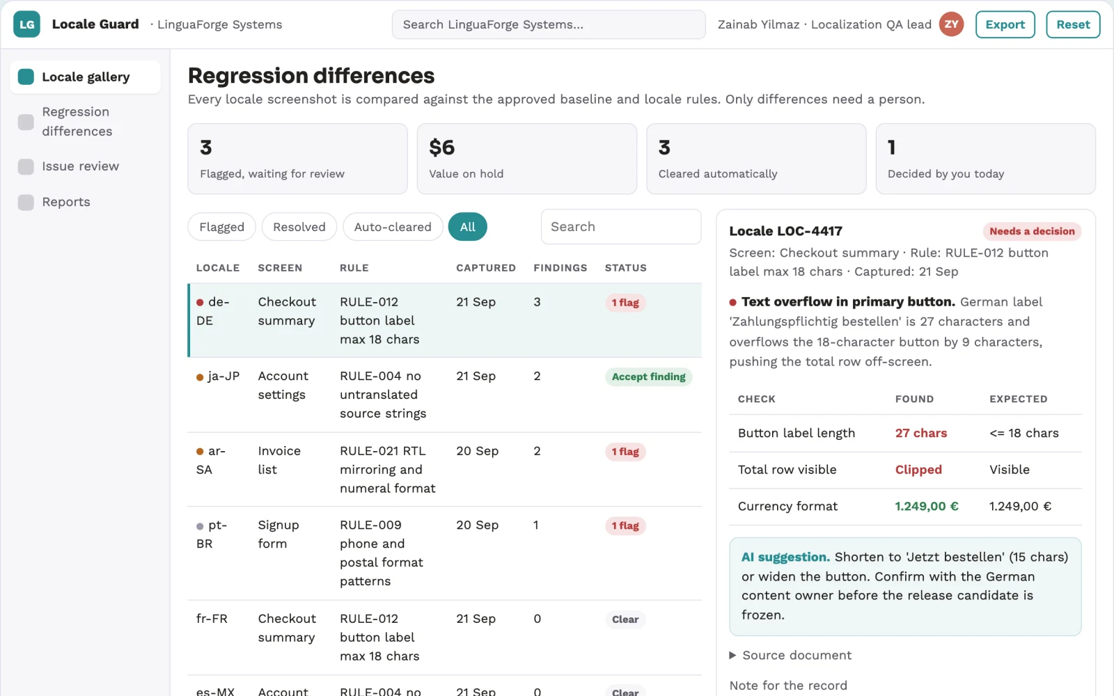 Screenshot of the Localization build regression reviewer interactive demo