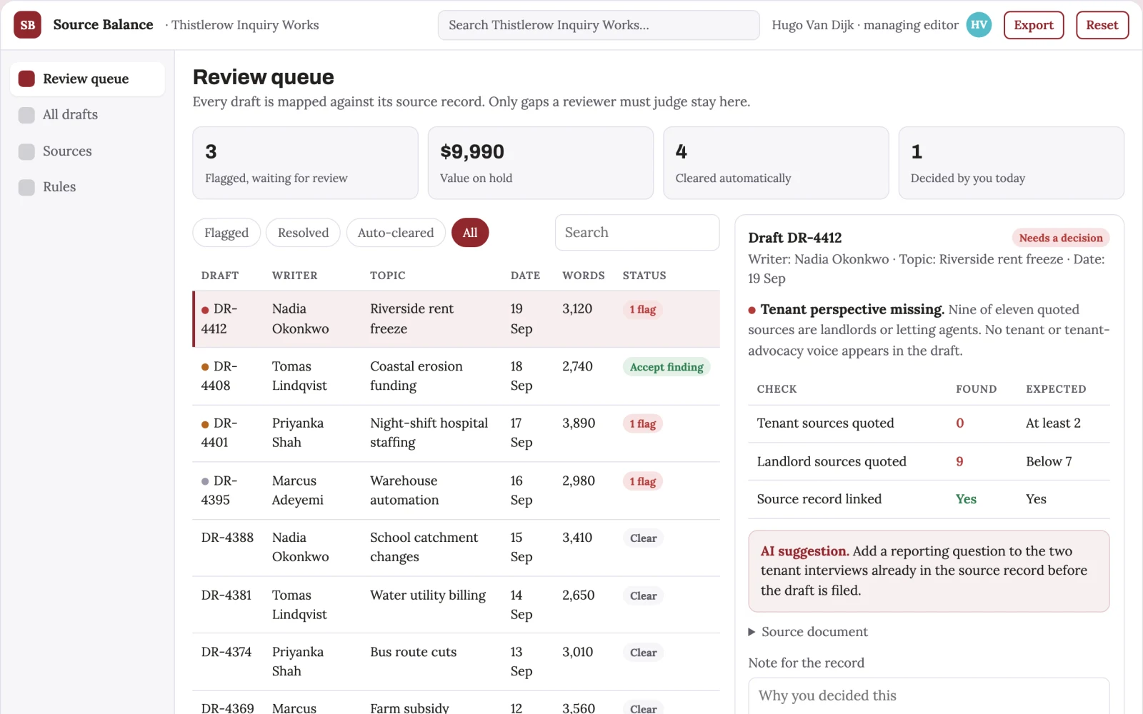 Screenshot of the Long-form article source balance desk interactive demo