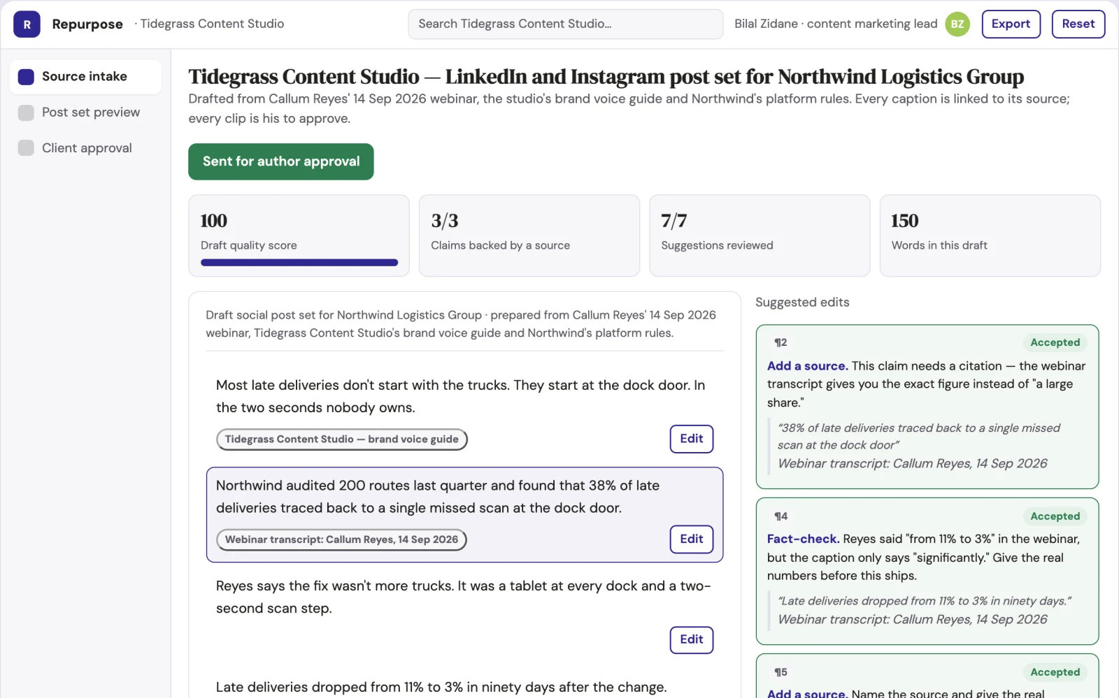 Screenshot of the Long-form to social repurposing workspace interactive demo