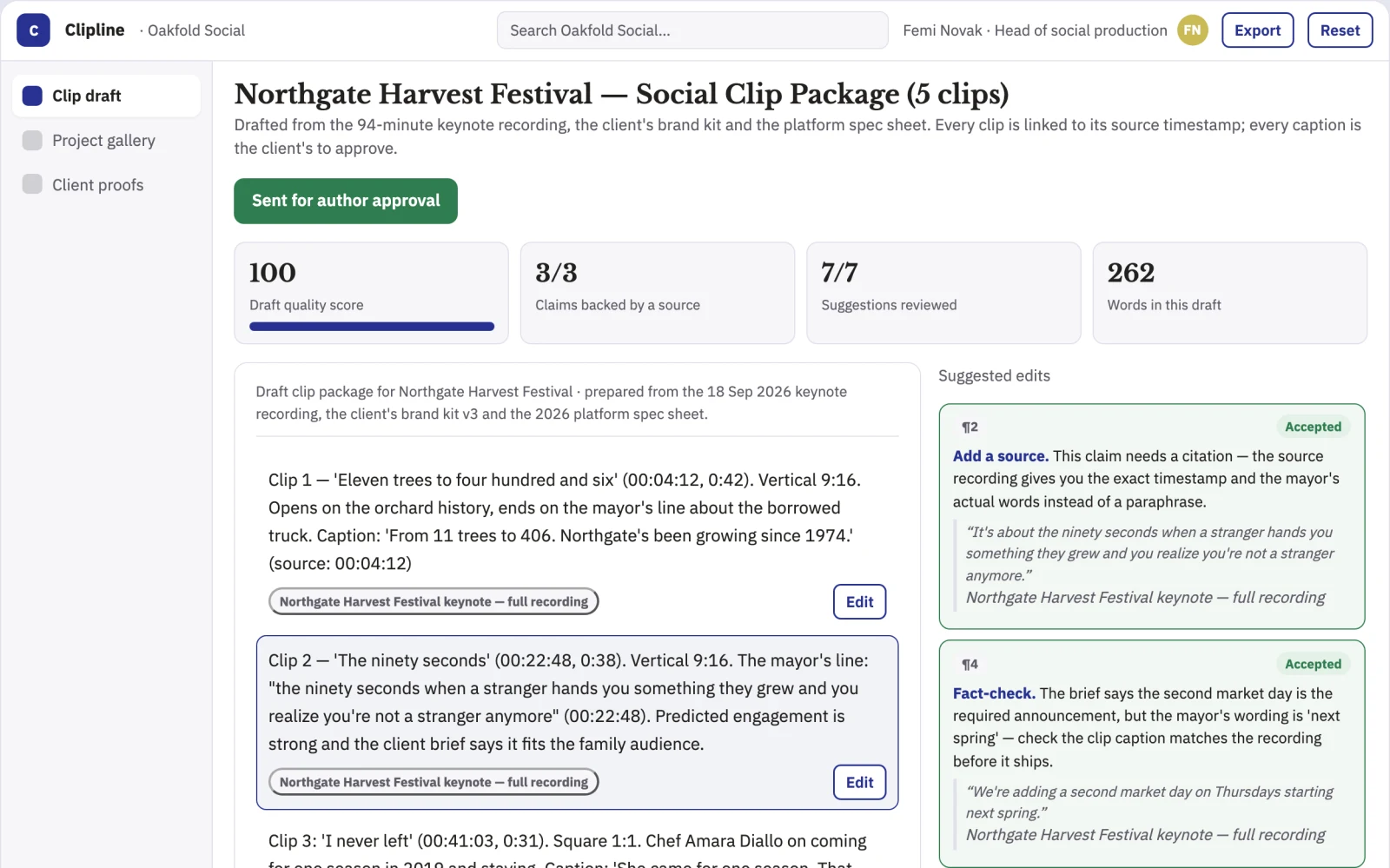 Screenshot of the Long-video to social clip production workspace interactive demo