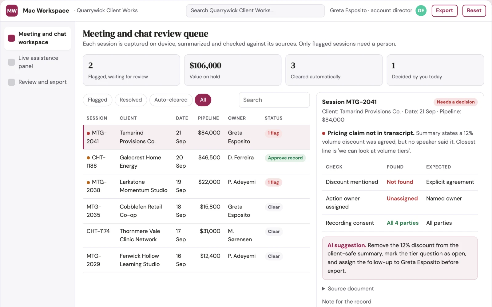 Screenshot of the Mac AI meeting and chat desktop workspace interactive demo