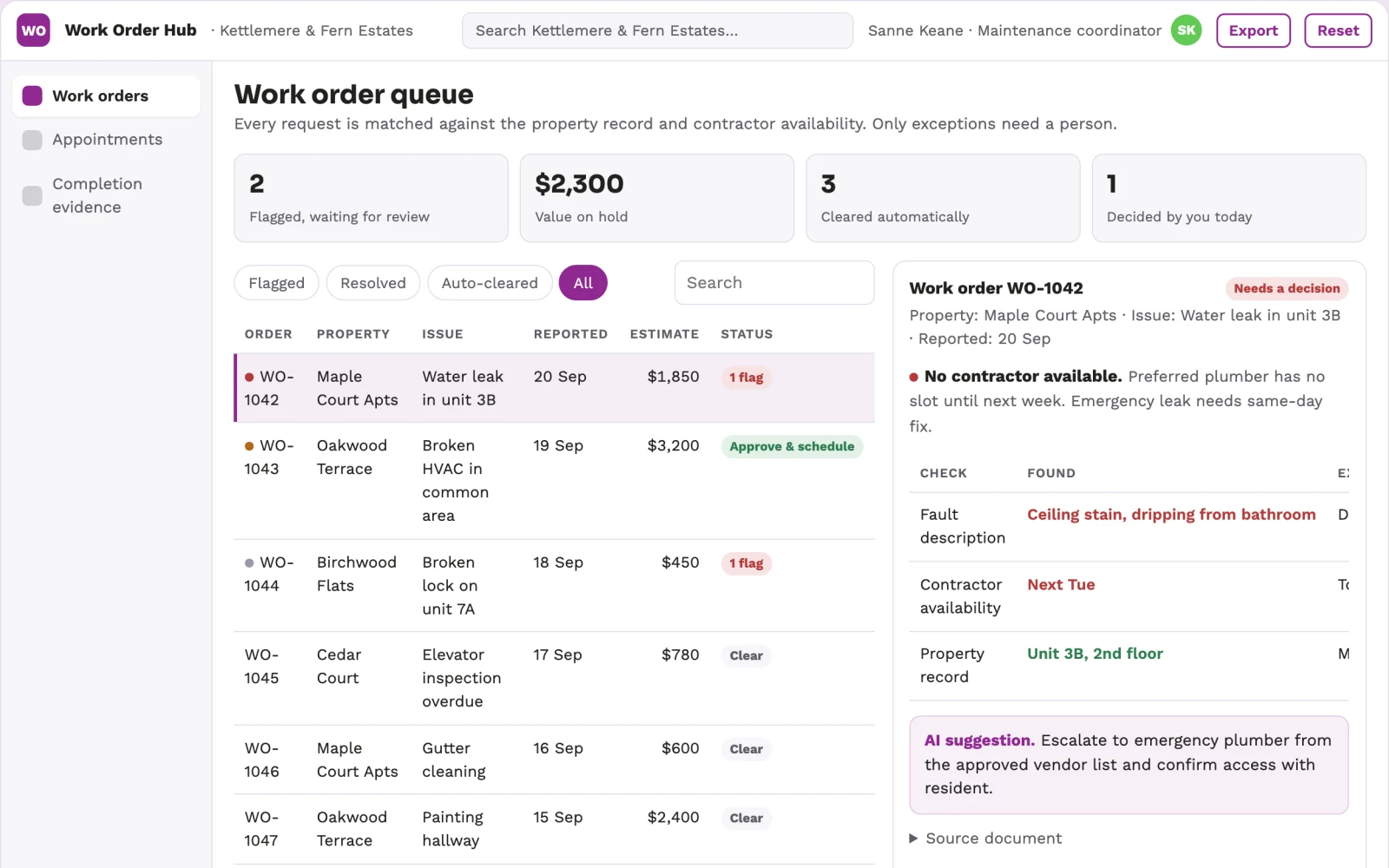 Demo screen of Maintenance coordination assistant