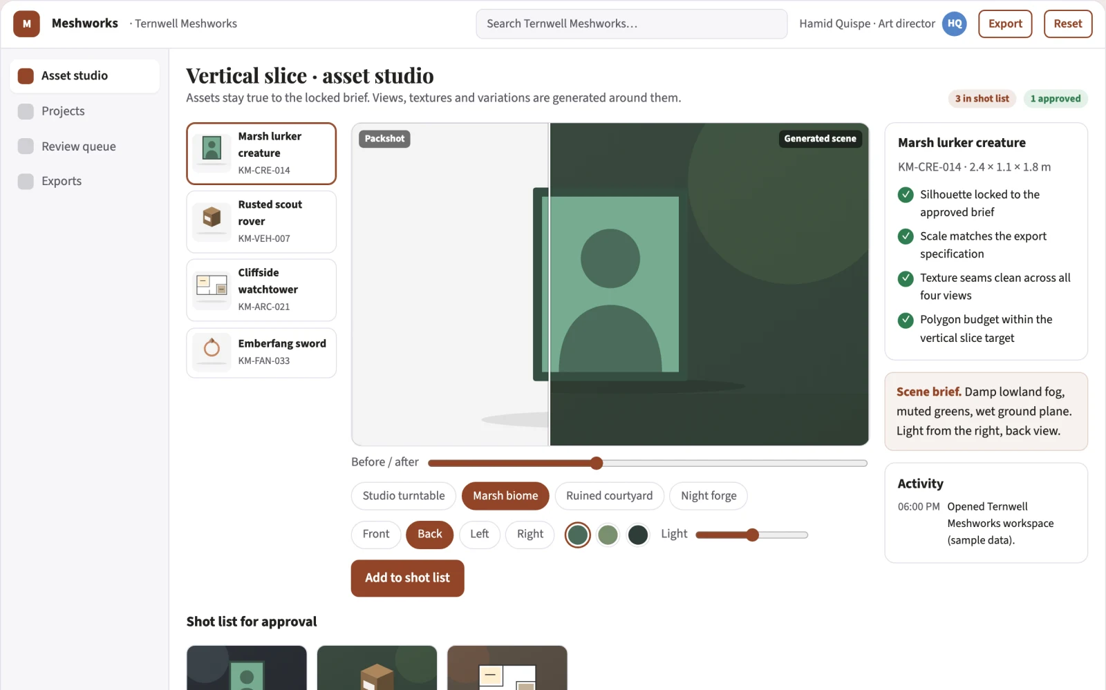 Screenshot of the Managed 3D asset generation and review platform interactive demo