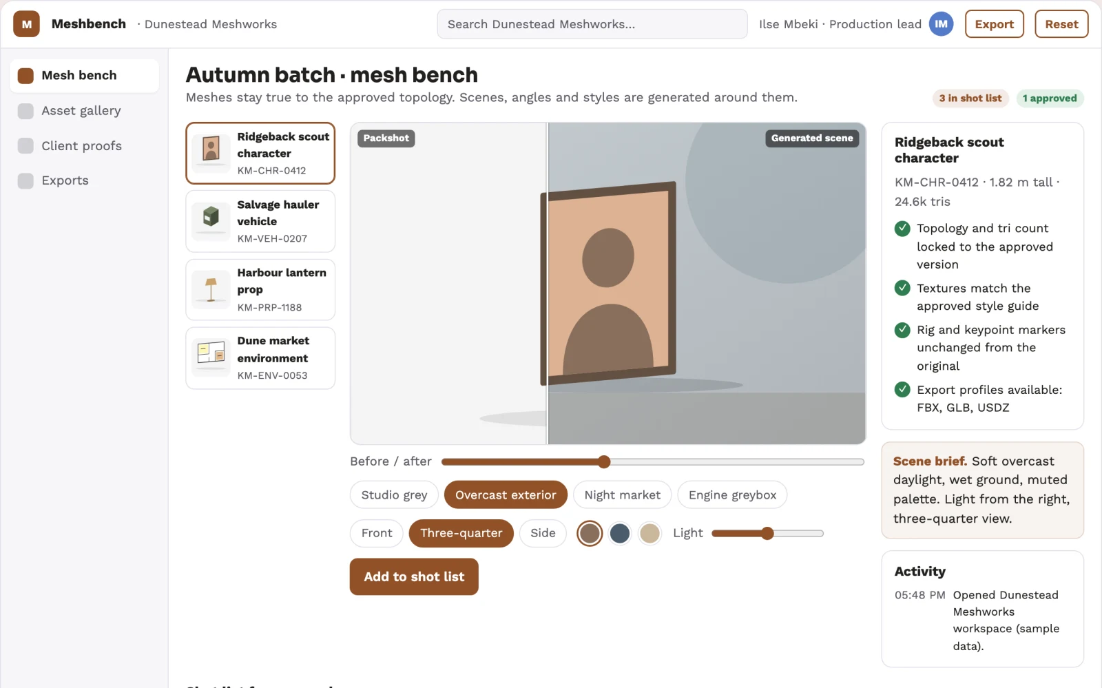 Screenshot of the Managed 3D asset production workbench interactive demo