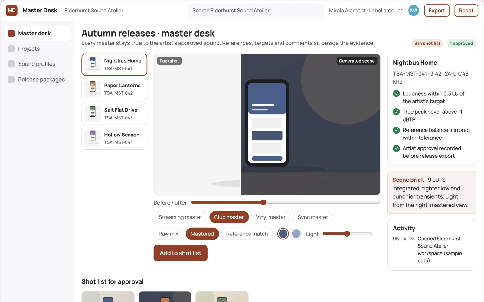 Screenshot of the Managed AI audio mastering and release workspace interactive demo