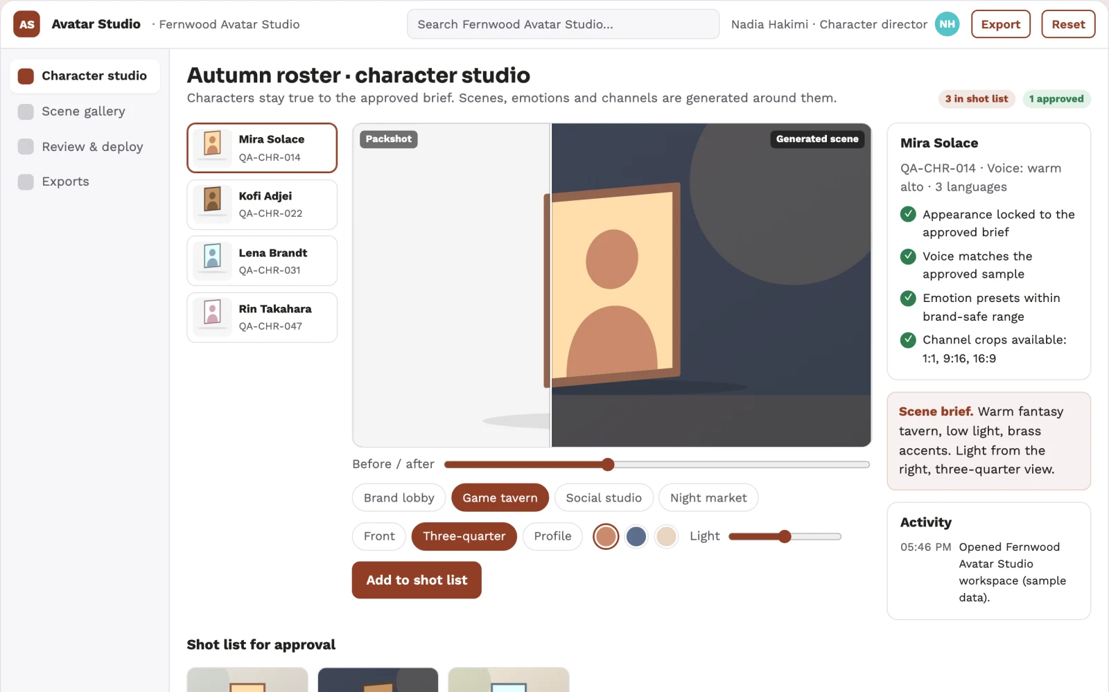 Screenshot of the Managed AI character studio and review platform interactive demo