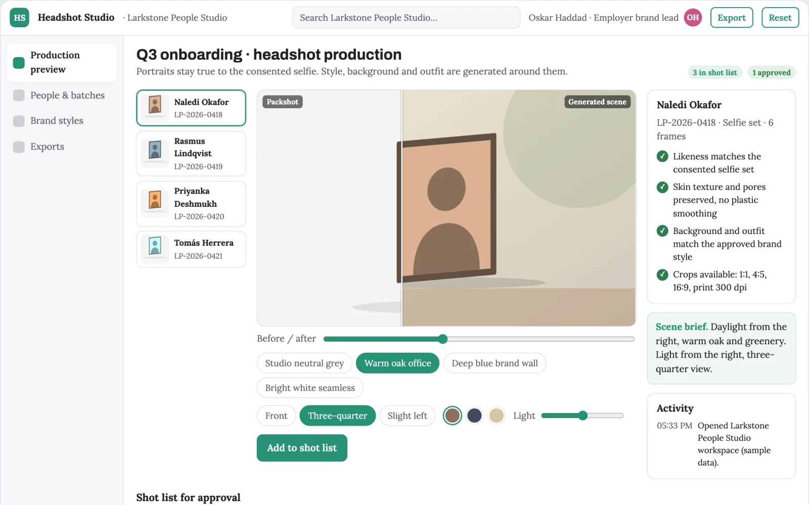 Screenshot of the Managed AI headshot production platform interactive demo