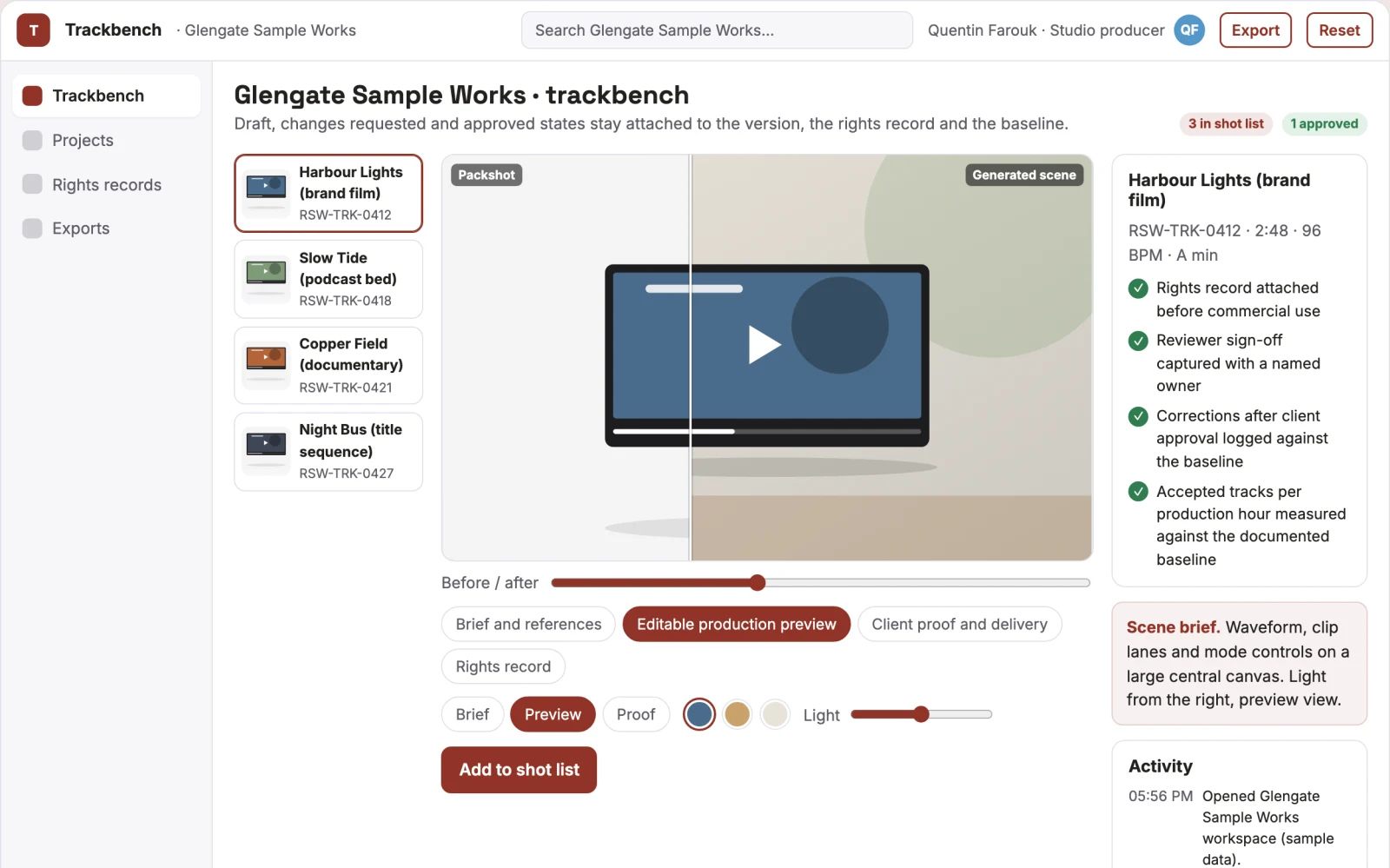 Screenshot of the Managed AI music production and review workbench interactive demo