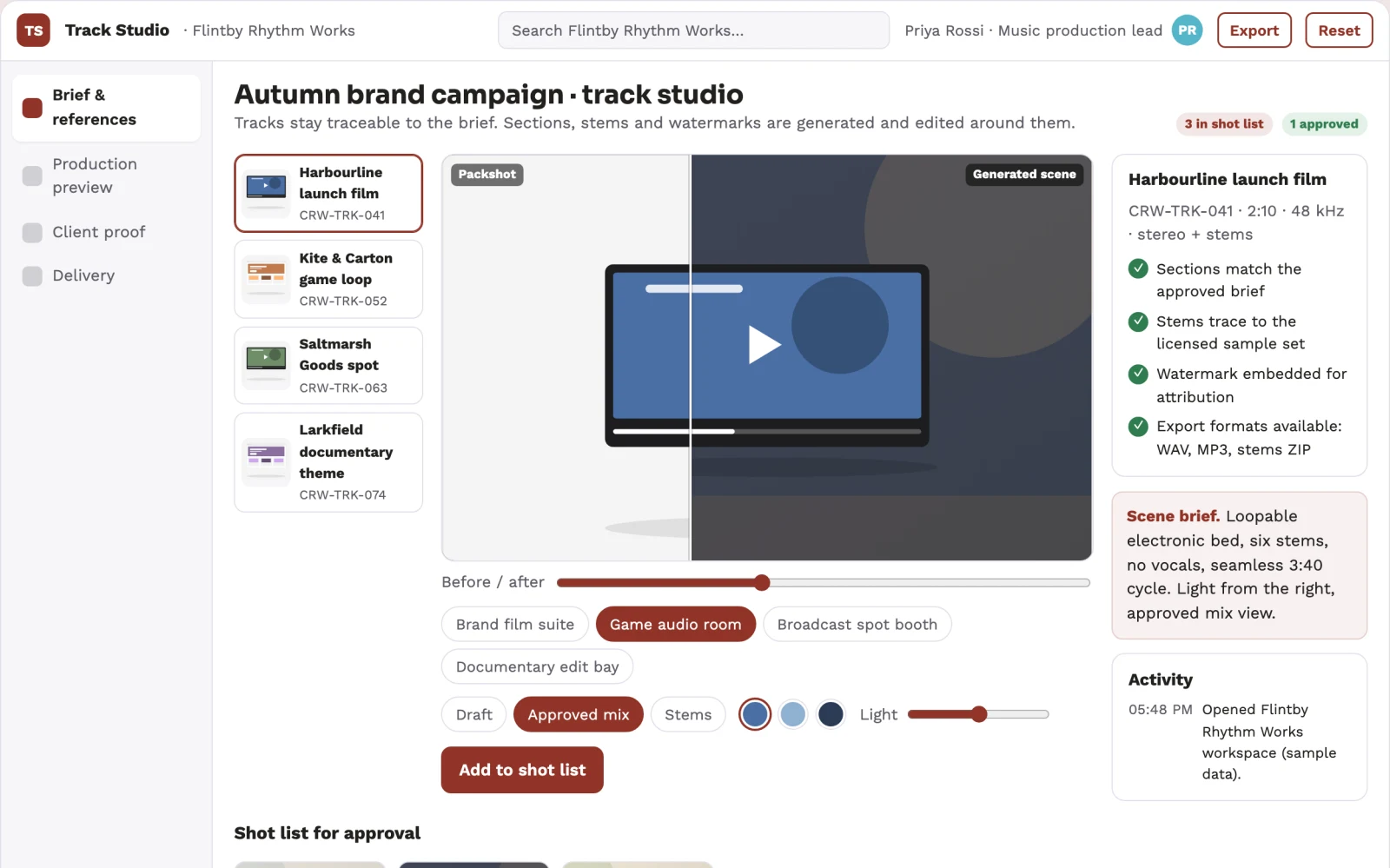 Screenshot of the Managed AI music production and review workbench interactive demo