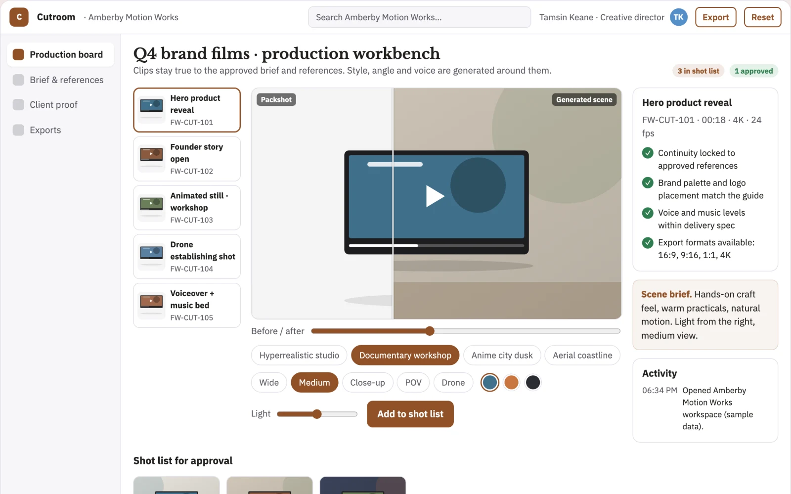 Screenshot of the Managed AI video production workbench interactive demo