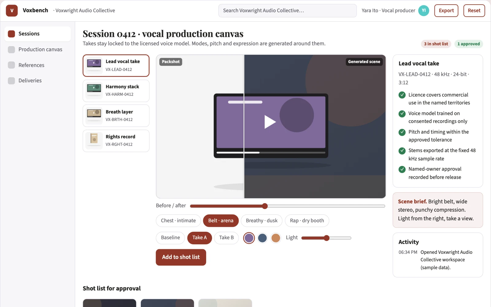 Screenshot of the Managed AI vocal production workbench interactive demo