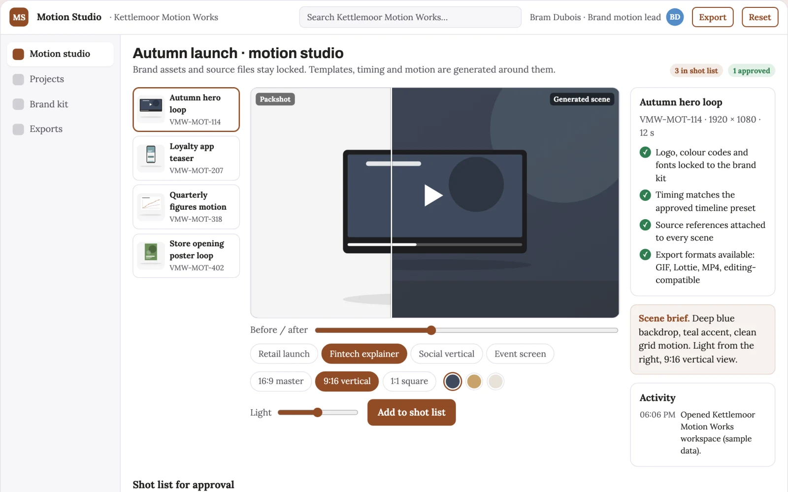 Screenshot of the Managed animated brand motion production platform interactive demo