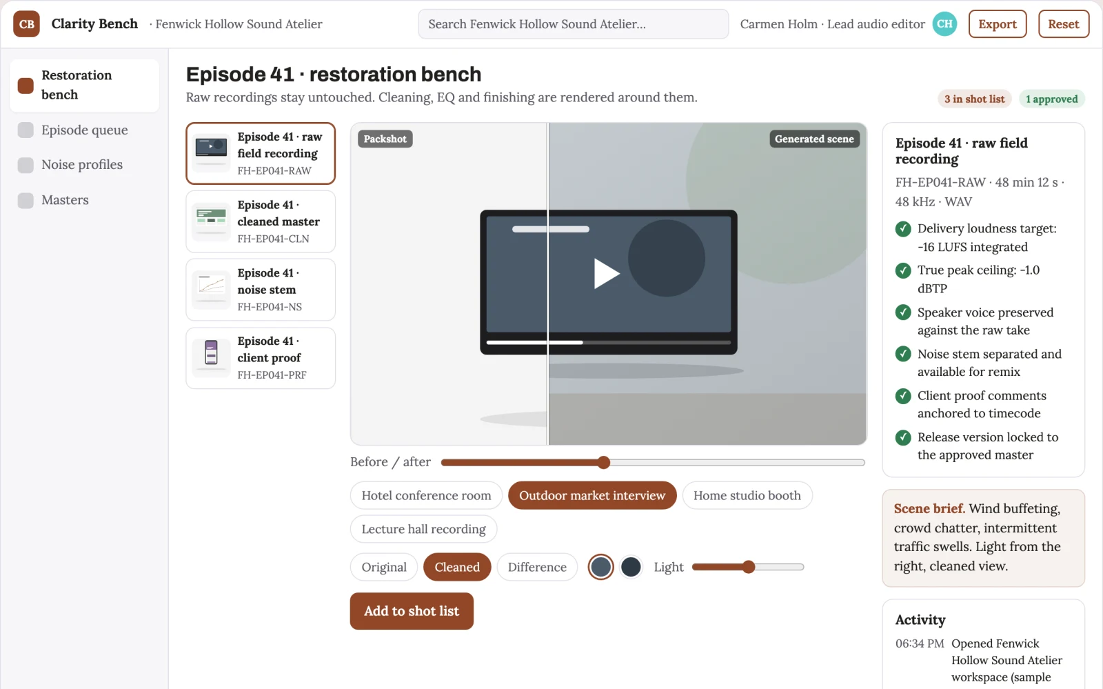 Screenshot of the Managed audio restoration and clarity workbench interactive demo