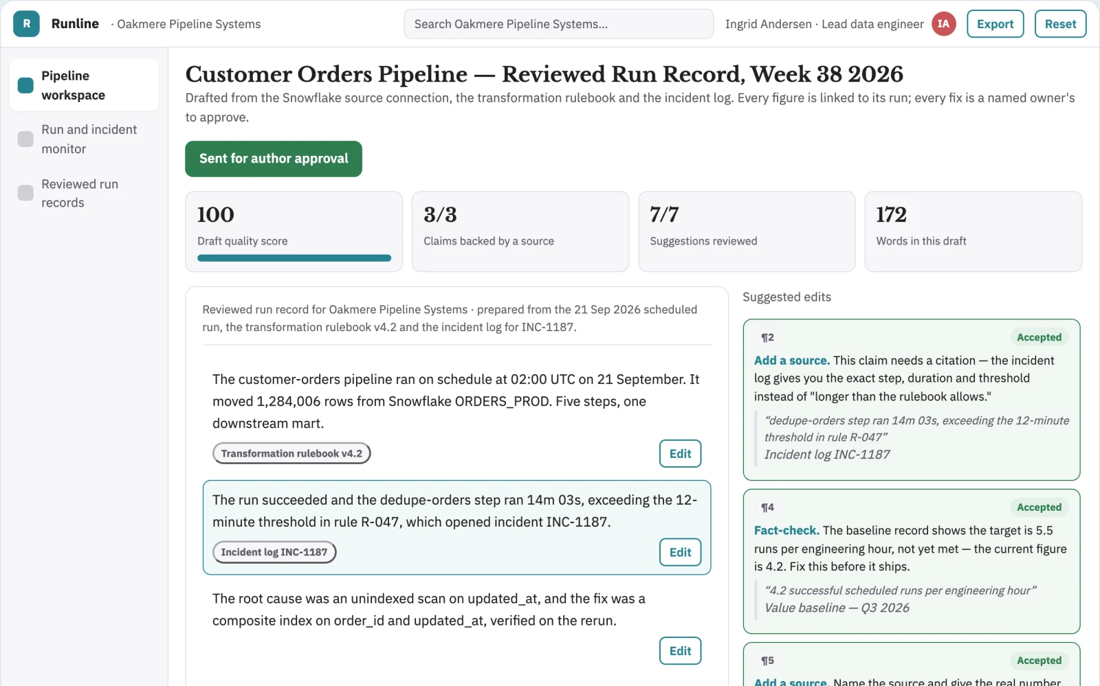 Screenshot of the Managed data pipeline delivery workspace interactive demo