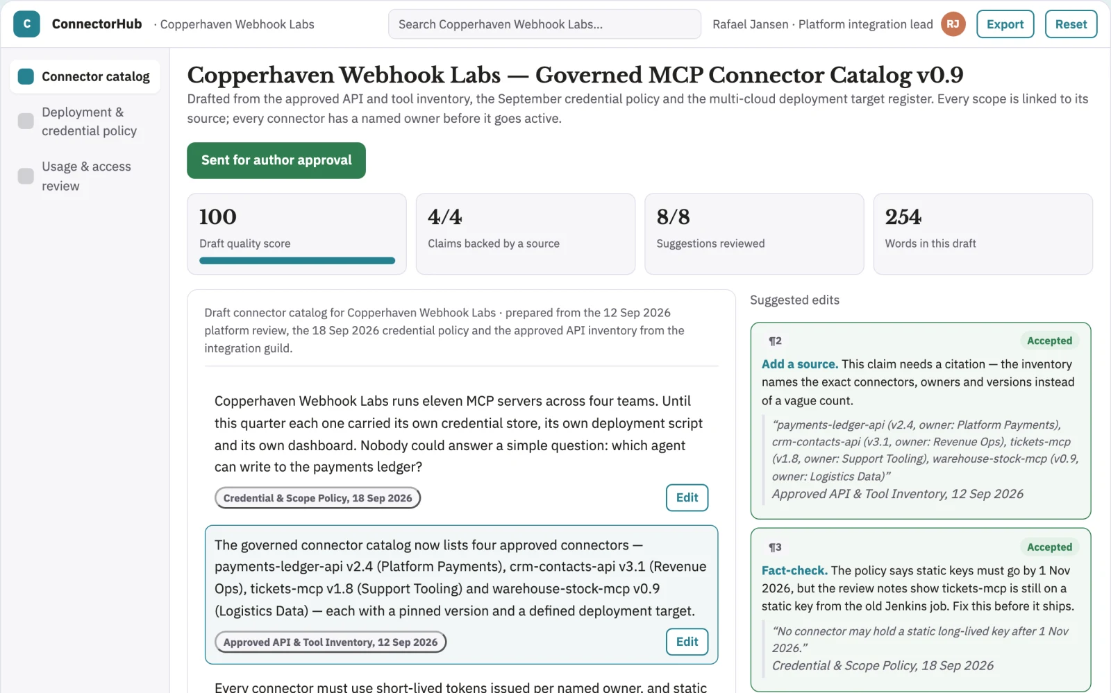 Screenshot of the Managed MCP connector control workspace interactive demo
