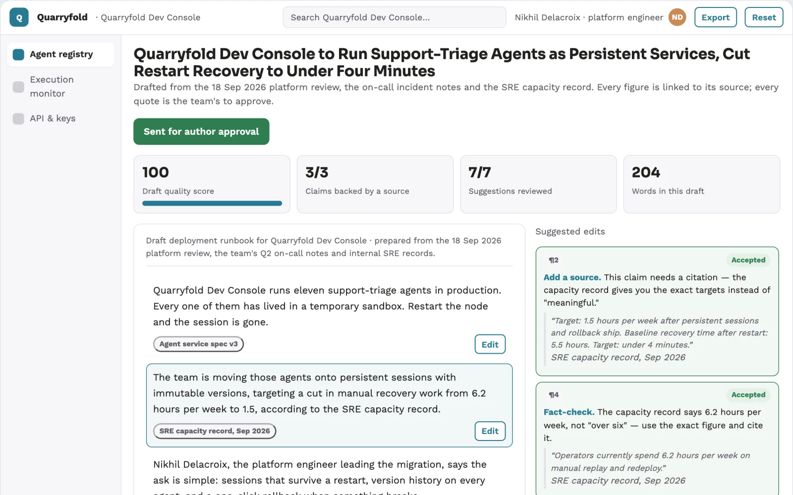Screenshot of the Managed persistent agent deployment workspace interactive demo