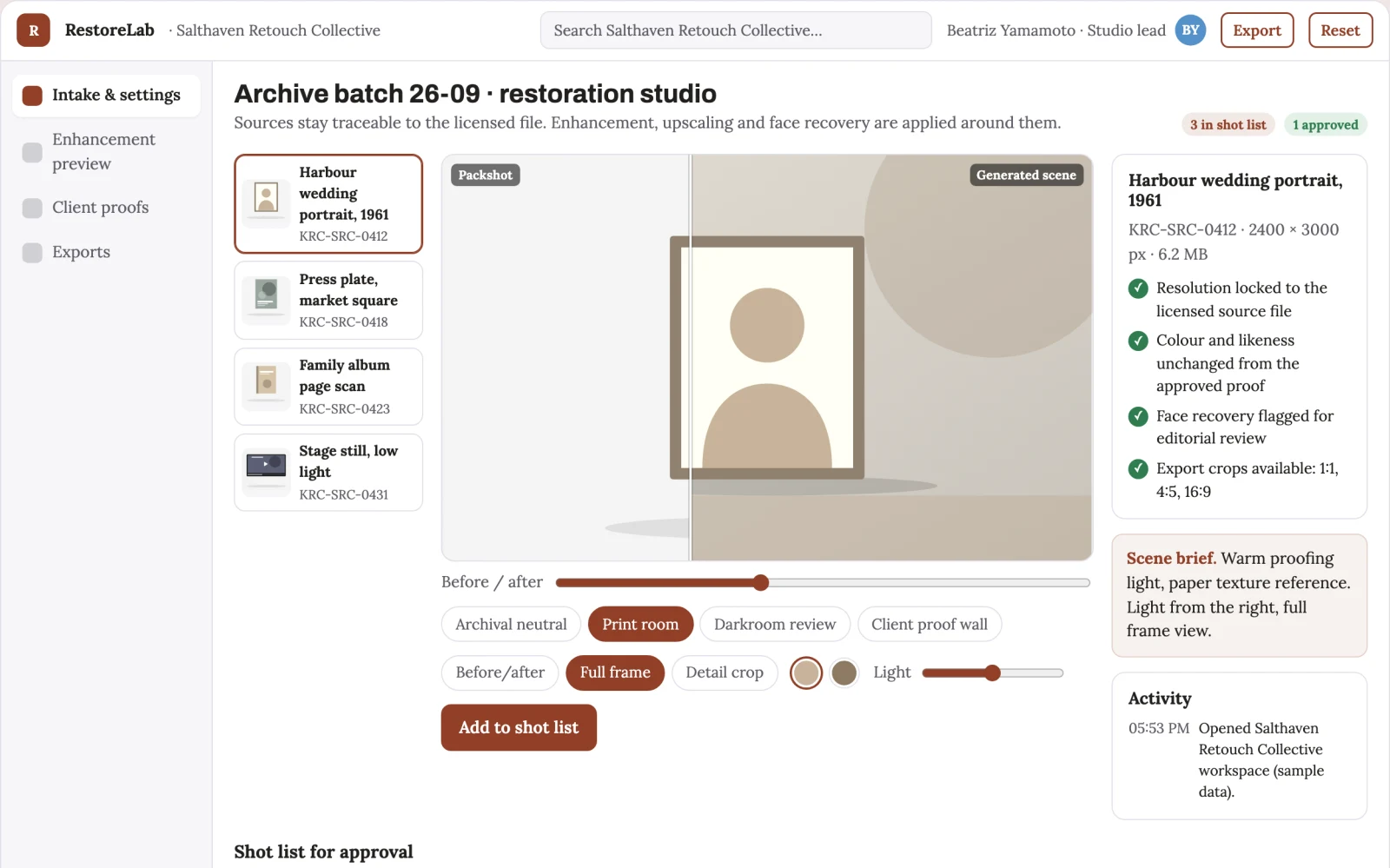 Screenshot of the Managed photo restoration and upscaling studio interactive demo