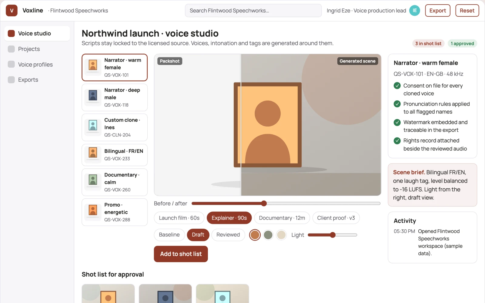 Screenshot of the Managed synthetic voiceover production platform interactive demo