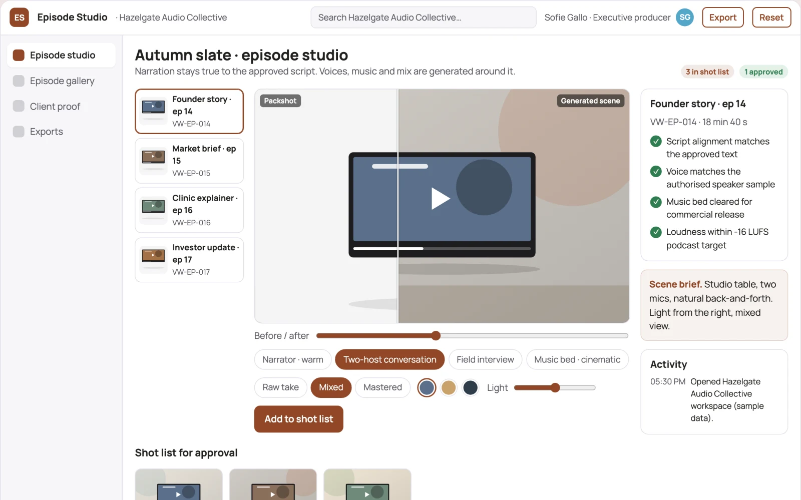 Screenshot of the Managed text-to-podcast production platform interactive demo