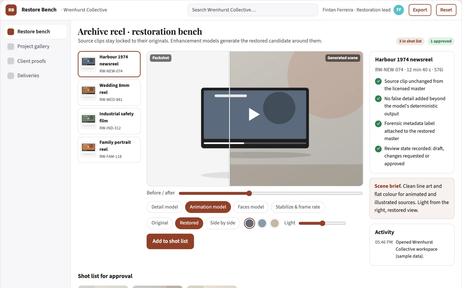 Screenshot of the Managed video restoration and upscaling workbench interactive demo