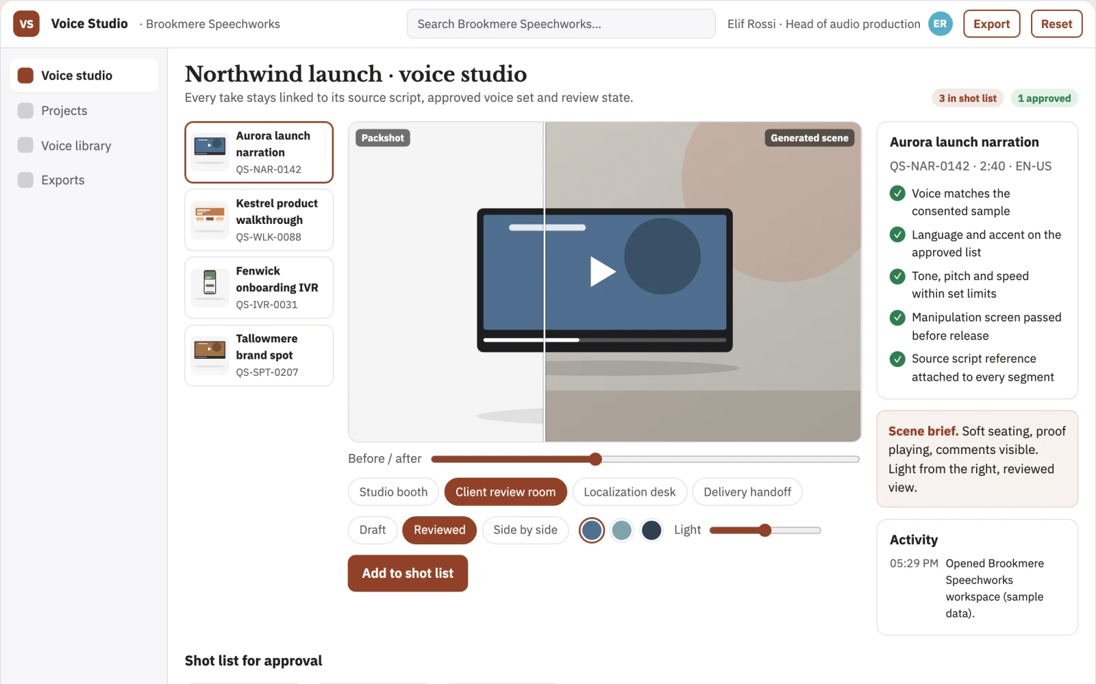 Screenshot of the Managed voice production and review platform interactive demo