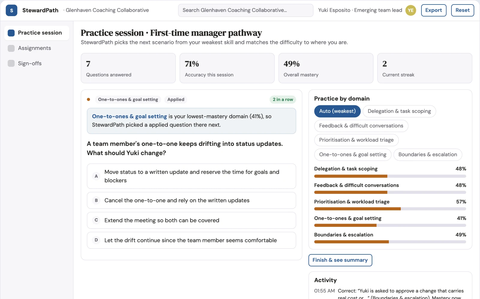 Screenshot of the Management apprenticeship practice engine interactive demo