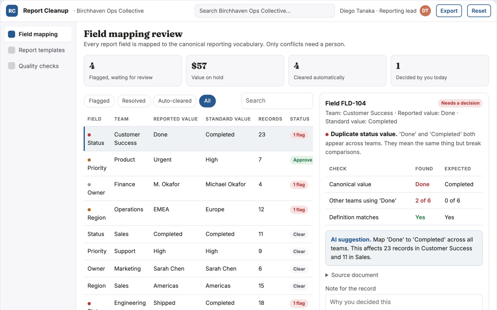 Screenshot of the Management reporting cleanup interactive demo