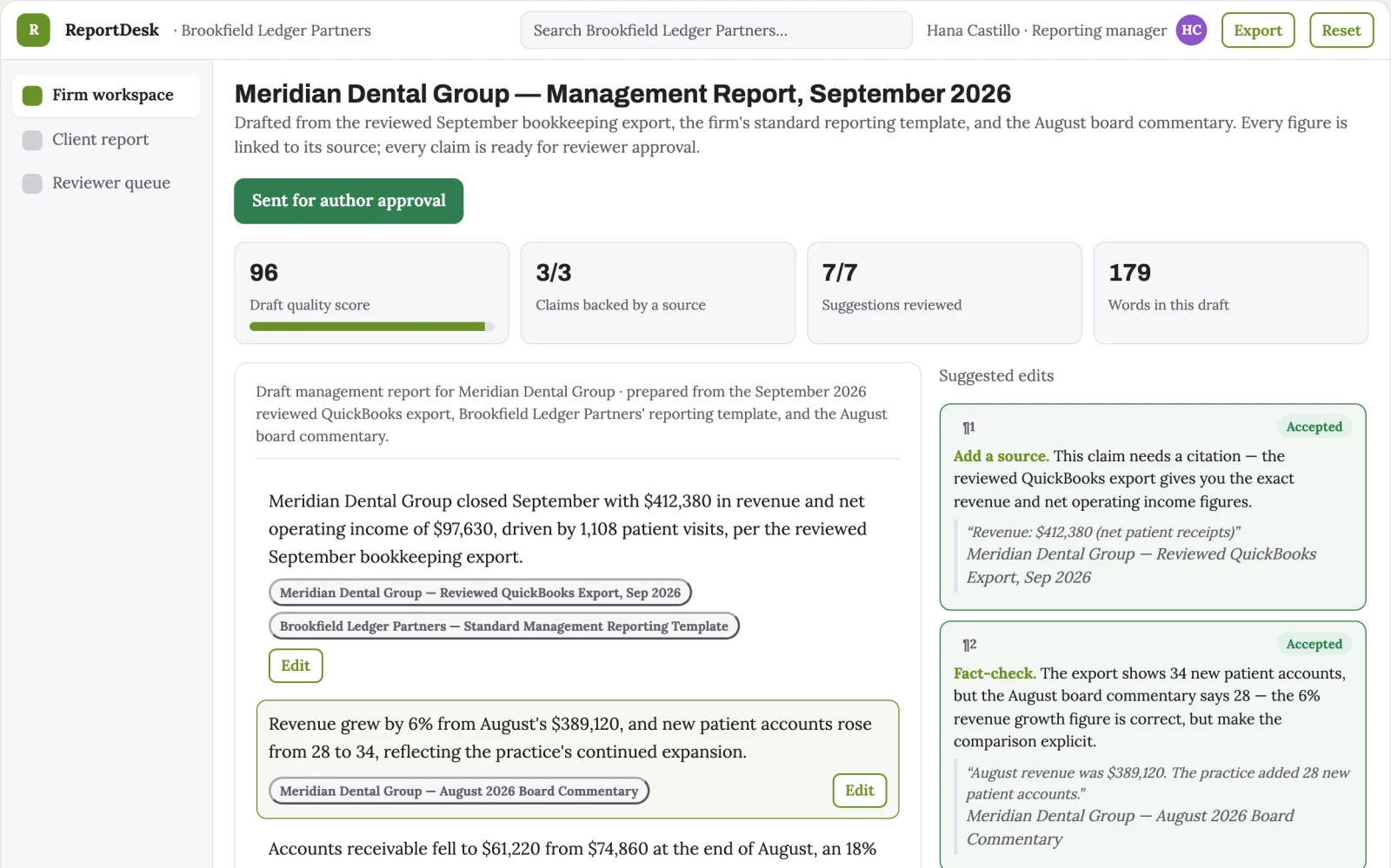 Demo screen of Management reporting white-label service